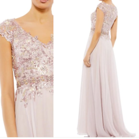 MAC DUGGAL BEADED SEQUIN CAP SLEEVE MESH & CHIFFON A-LINE ROSE sz 10 - Picture 2 of 6